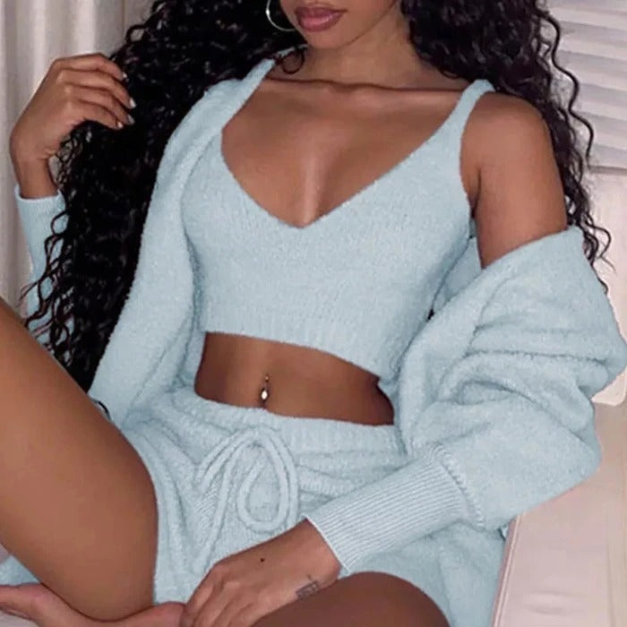 3-Piece Women’s Pajama Set – Long Sleeve Crop Top, Tank, and Drawstring Shorts Loungewear