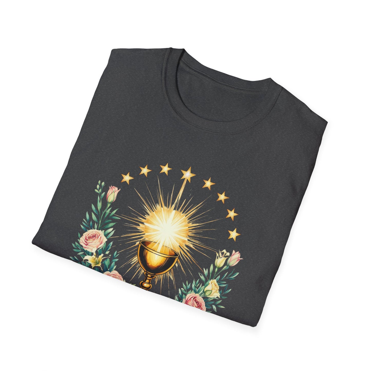 Floral Faith-Inspired Unisex T-Shirt – Inspirational Softstyle Tee, Spiritual Fashion Gift, Communion Celebration Apparel.