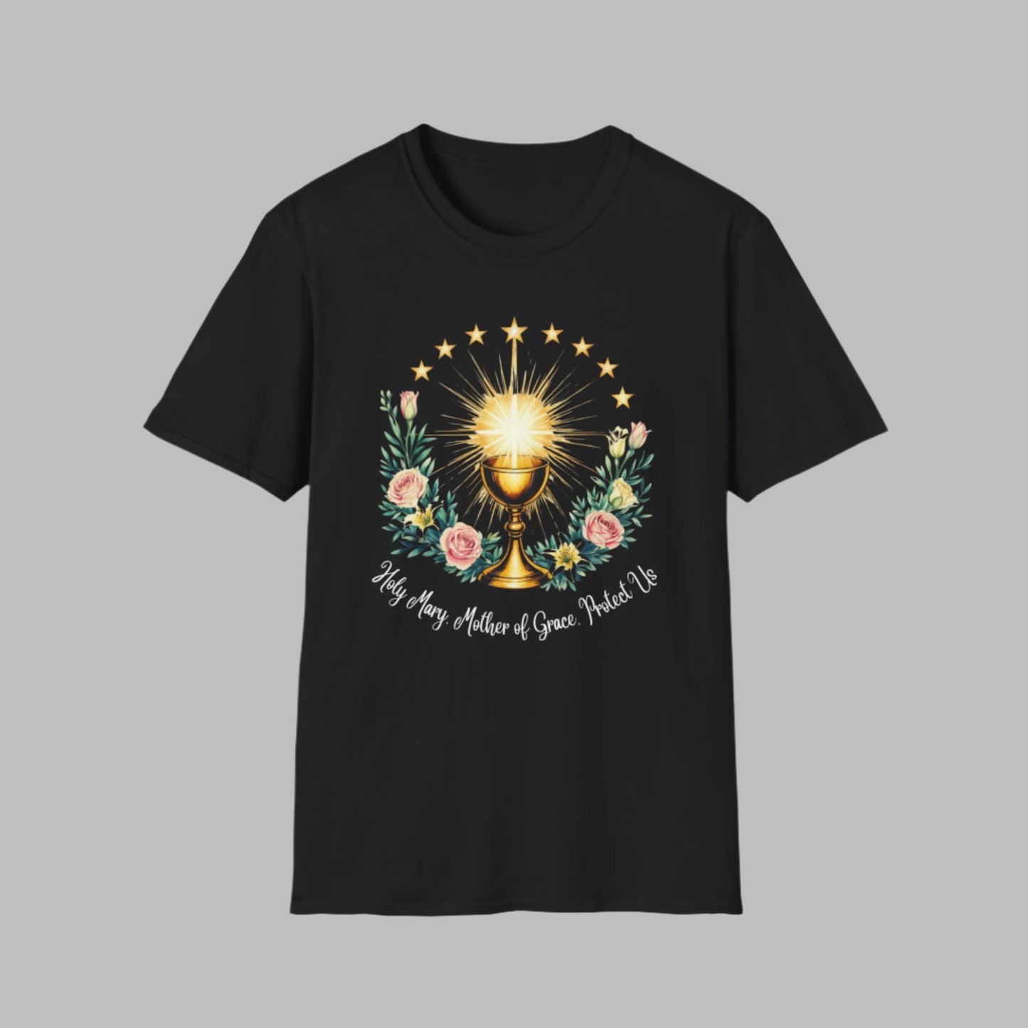 Floral Faith-Inspired Unisex T-Shirt – Inspirational Softstyle Tee, Spiritual Fashion Gift, Communion Celebration Apparel.