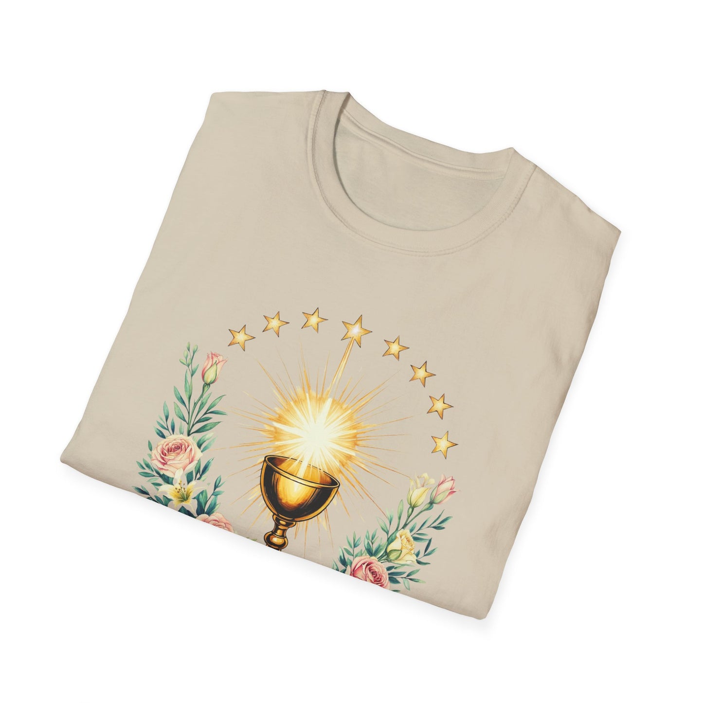Floral Faith-Inspired Unisex T-Shirt – Inspirational Softstyle Tee, Spiritual Fashion Gift, Communion Celebration Apparel.