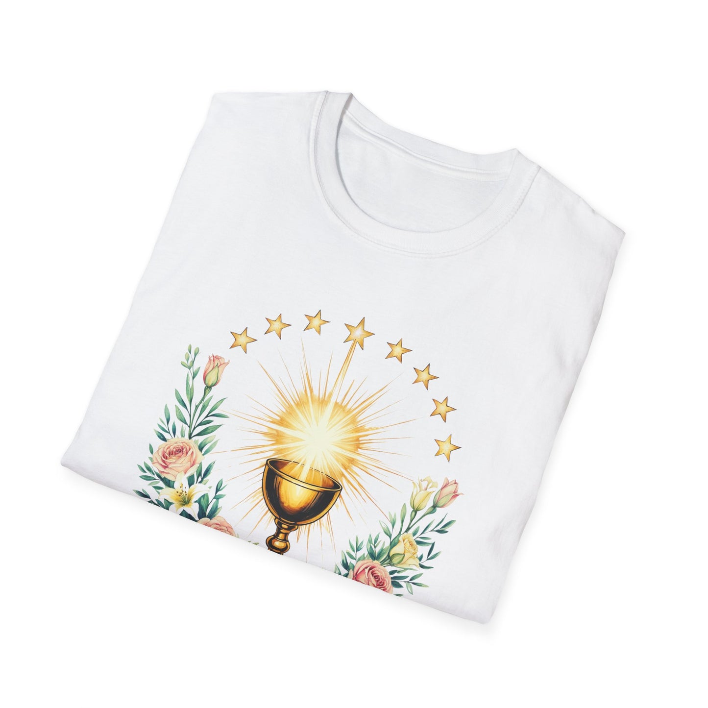 Floral Faith-Inspired Unisex T-Shirt – Inspirational Softstyle Tee, Spiritual Fashion Gift, Communion Celebration Apparel.