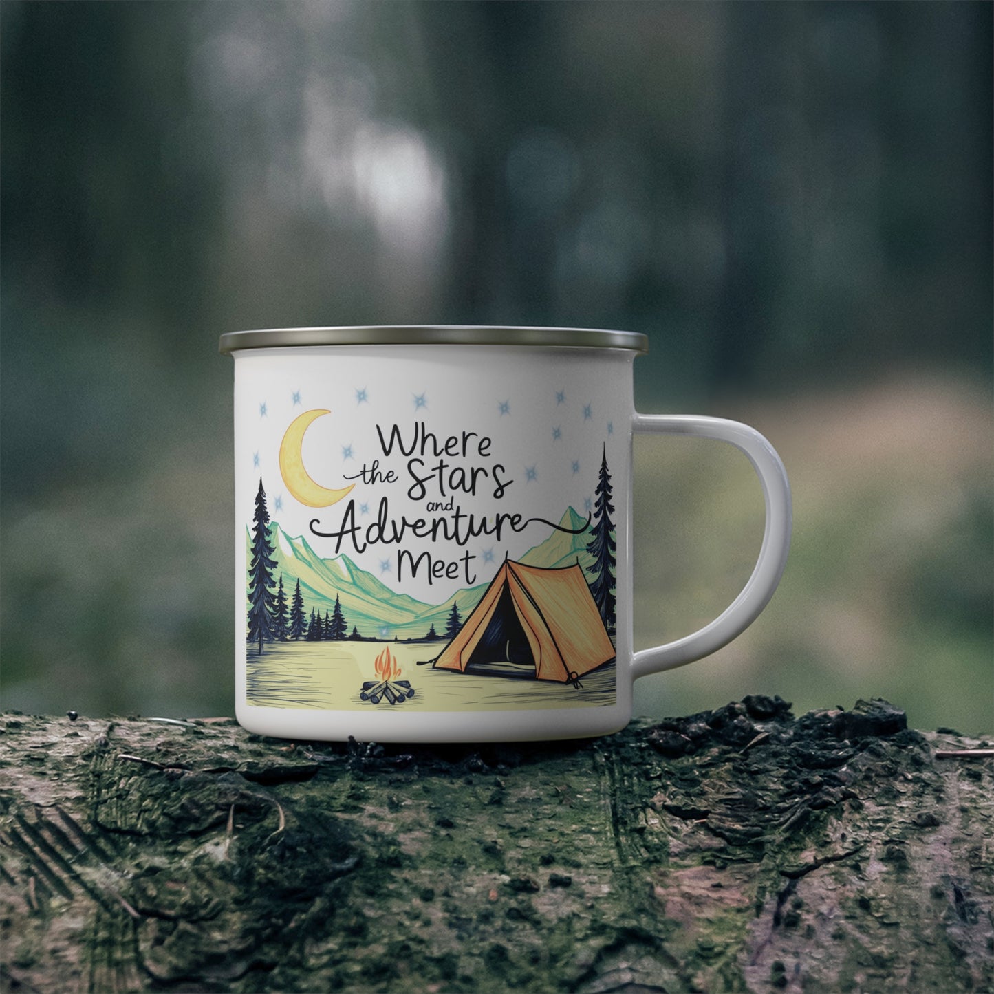 Adventure Camping Enamel Mug - Outdoor Lovers, Hikers, Nature Enthusiasts, Campers Gift, Starry Night Decor, Campfire Coffee Cup