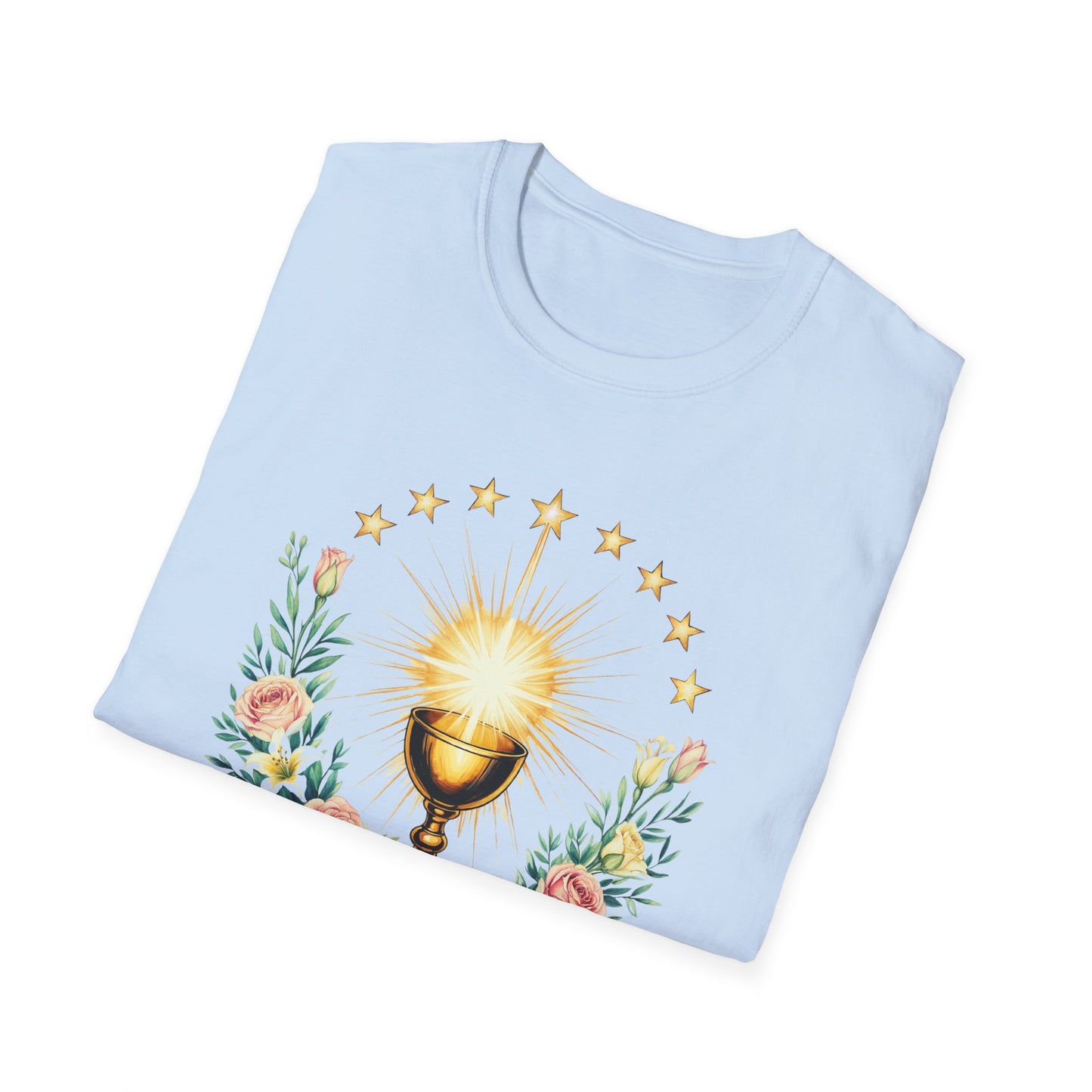 Floral Faith-Inspired Unisex T-Shirt – Inspirational Softstyle Tee, Spiritual Fashion Gift, Communion Celebration Apparel.