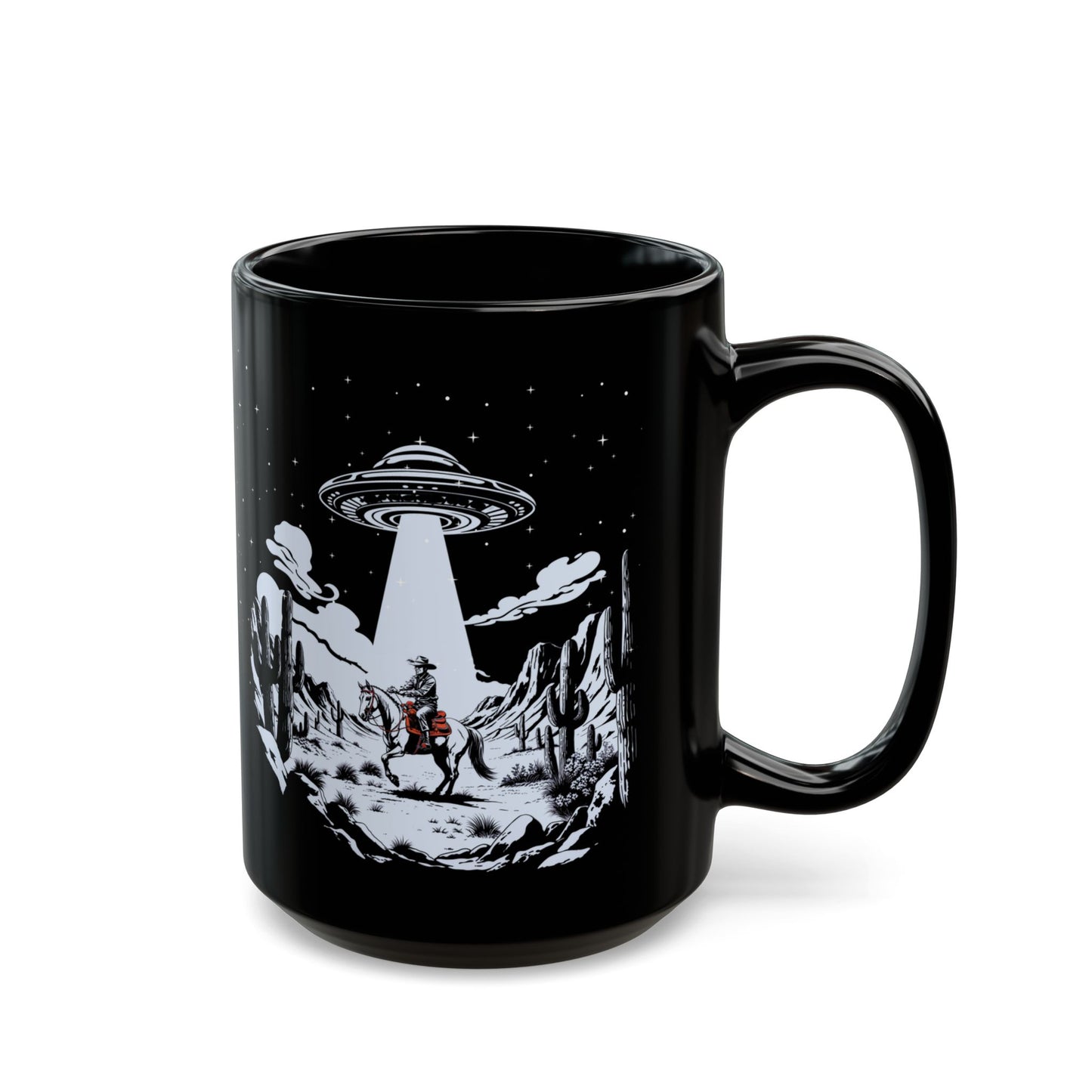 Cosmic Cowboy Black Mug | Alien Abduction Design, Perfect Gift for UFO Fans, Coffee Lovers, Unique UFO Western Mug, Sci-Fi Collectible,