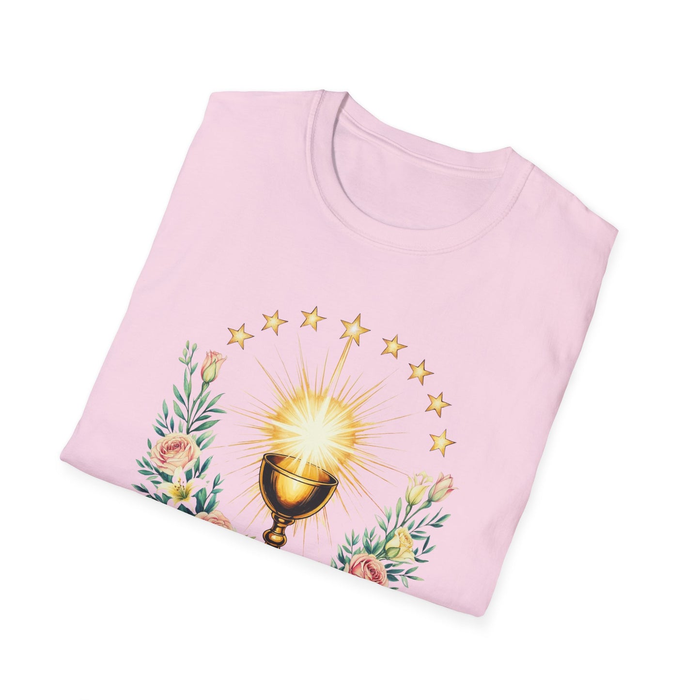 Floral Faith-Inspired Unisex T-Shirt – Inspirational Softstyle Tee, Spiritual Fashion Gift, Communion Celebration Apparel.
