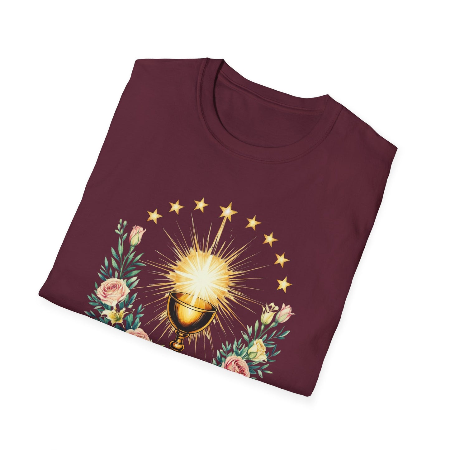 Floral Faith-Inspired Unisex T-Shirt – Inspirational Softstyle Tee, Spiritual Fashion Gift, Communion Celebration Apparel.