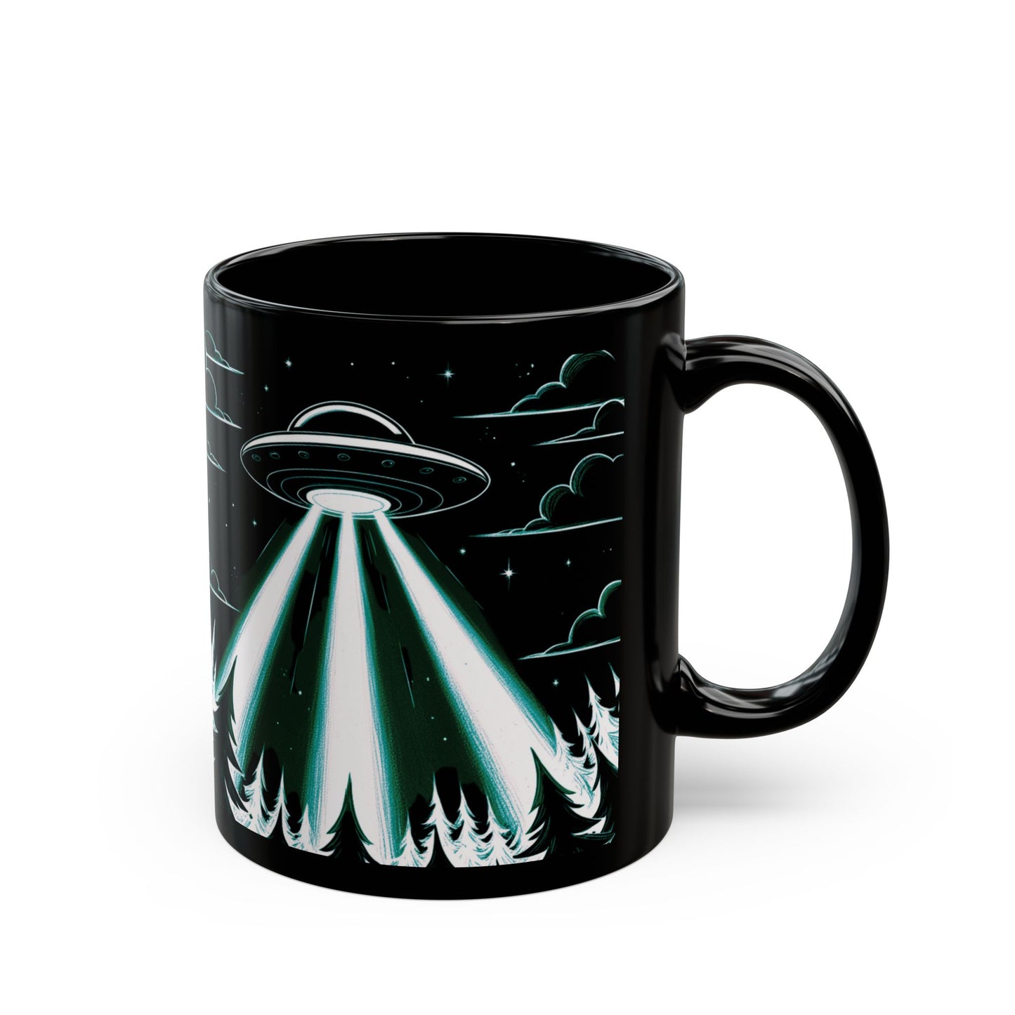 UFO Forest Black Mug - Sci-Fi Coffee Cup for Alien Lovers, Ideal Gift for Birthdays, Holidays, and Collectors, Space Decor, Space Mug, Alien