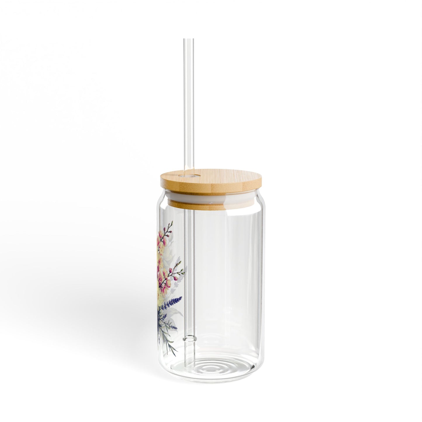 Boho Wildflowers Sipper Glass, 16oz - Floral Iced Coffee Cup, Wildflower Glass Can, Tumbler Cup with Lid & Straw, Nature Mug, Gift