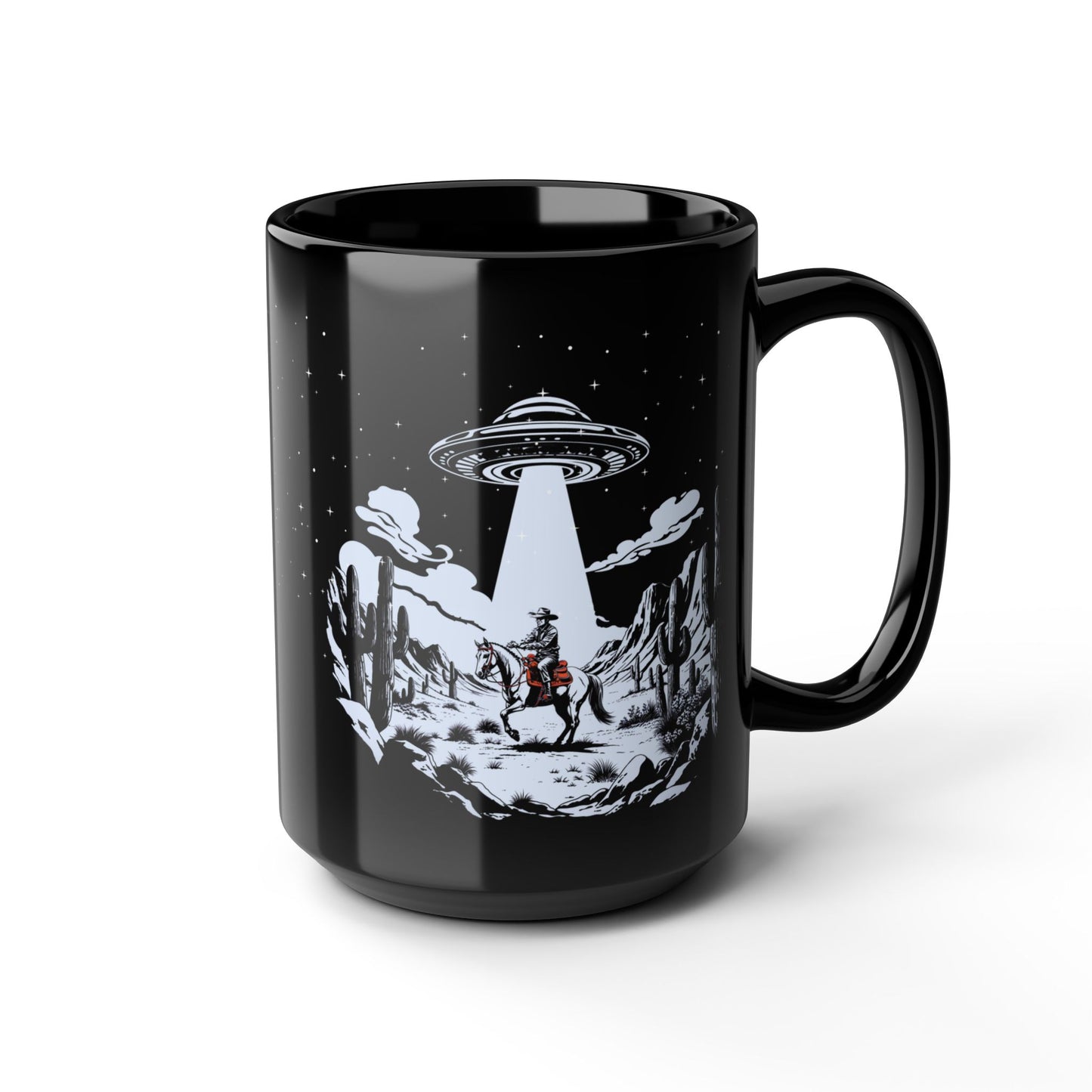 Cosmic Cowboy Black Mug | Alien Abduction Design, Perfect Gift for UFO Fans, Coffee Lovers, Unique UFO Western Mug, Sci-Fi Collectible,