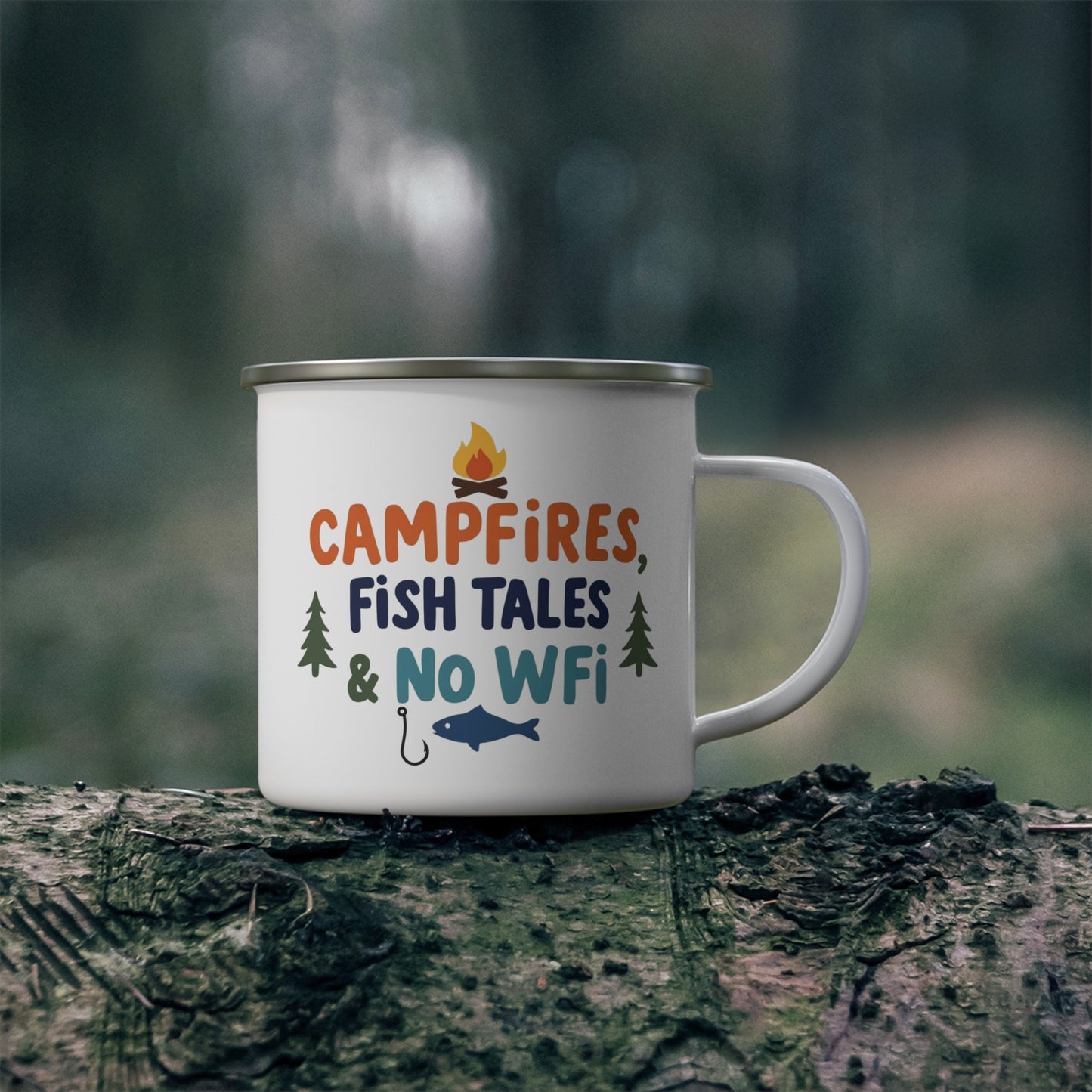 Enamel Mug, Campfire Coffee Cup, Fishing Gift, Camping Accessories, No WiFi Humor, Nature Lover's Mug