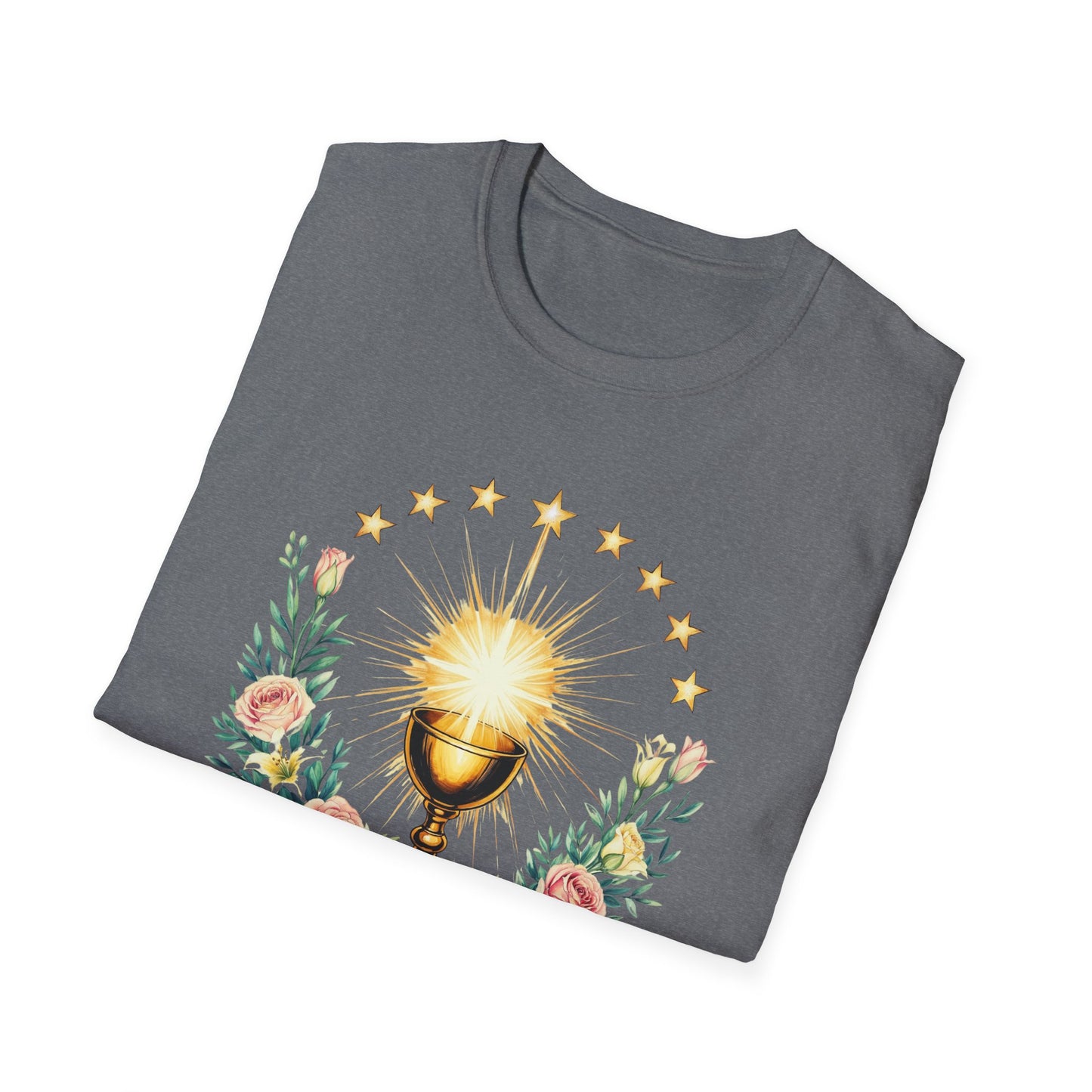 Floral Faith-Inspired Unisex T-Shirt – Inspirational Softstyle Tee, Spiritual Fashion Gift, Communion Celebration Apparel.
