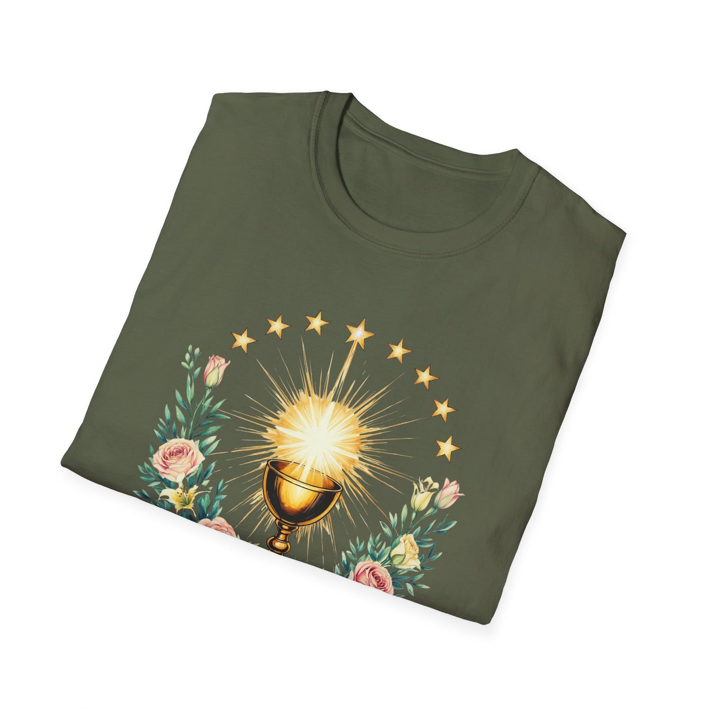 Floral Faith-Inspired Unisex T-Shirt – Inspirational Softstyle Tee, Spiritual Fashion Gift, Communion Celebration Apparel.