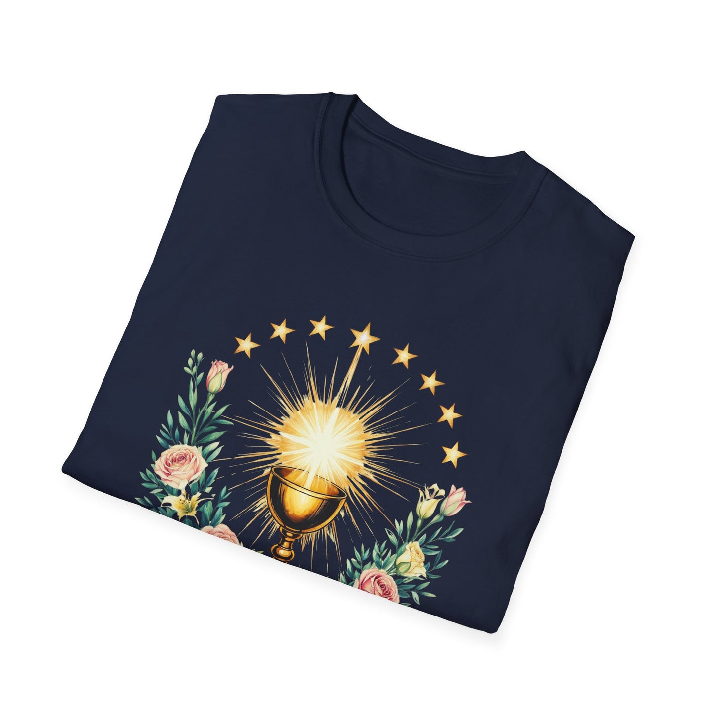 Floral Faith-Inspired Unisex T-Shirt – Inspirational Softstyle Tee, Spiritual Fashion Gift, Communion Celebration Apparel.