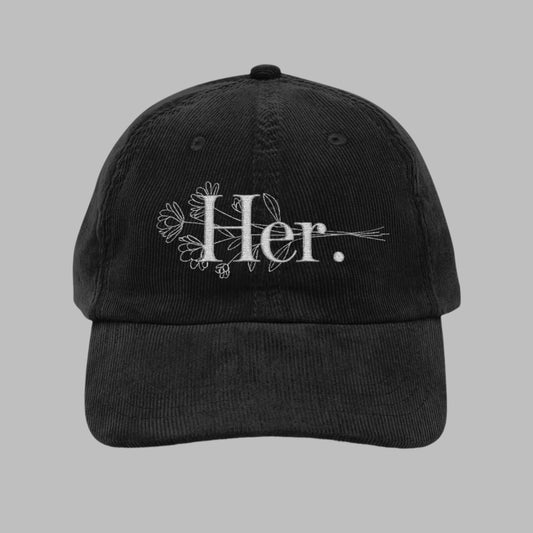 Corduroy Cap, Vintage Embroidered Floral 'Her', Casual Wear, Mother's Day Gift, Mama Gift, Casual Outfit Accessory