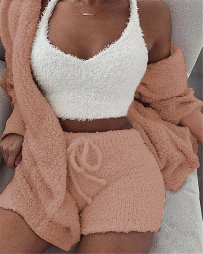 3-Piece Women’s Pajama Set – Long Sleeve Crop Top, Tank, and Drawstring Shorts Loungewear
