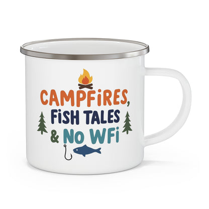 Enamel Mug, Campfire Coffee Cup, Fishing Gift, Camping Accessories, No WiFi Humor, Nature Lover's Mug