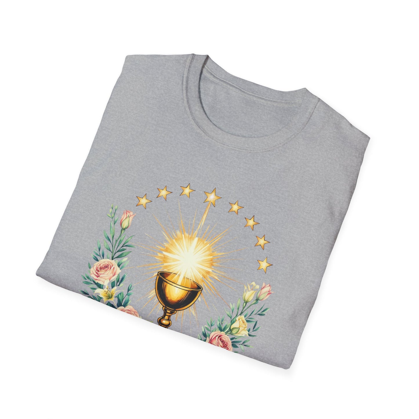 Floral Faith-Inspired Unisex T-Shirt – Inspirational Softstyle Tee, Spiritual Fashion Gift, Communion Celebration Apparel.