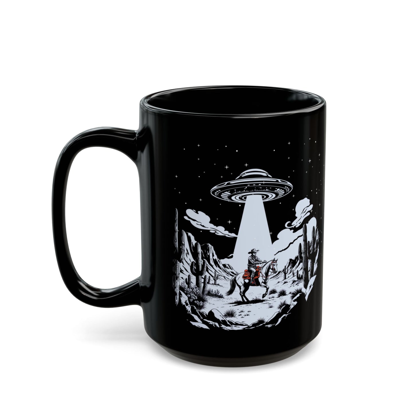 Cosmic Cowboy Black Mug | Alien Abduction Design, Perfect Gift for UFO Fans, Coffee Lovers, Unique UFO Western Mug, Sci-Fi Collectible,
