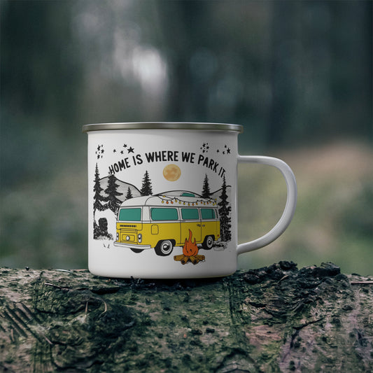 Cozy Camping Enamel Mug - Adventure Ready Travel Mug, Outdoor Coffee Mug, Vintage RV Camping Gift, Summer Picnic Essential, Unique Glamping,