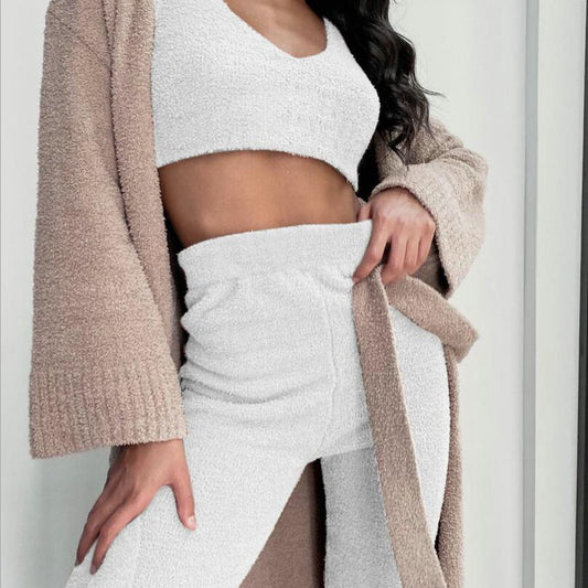 3-Piece Women’s Pajama Set – Long Sleeve Crop Top, Tank, and Drawstring Shorts Loungewear