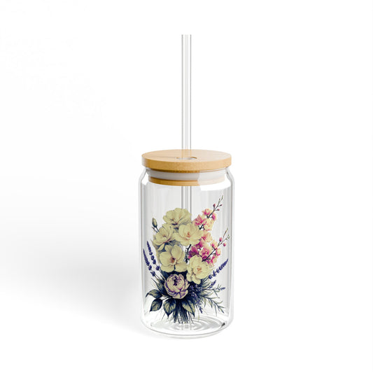 Boho Wildflowers Sipper Glass, 16oz - Floral Iced Coffee Cup, Wildflower Glass Can, Tumbler Cup with Lid & Straw, Nature Mug, Gift