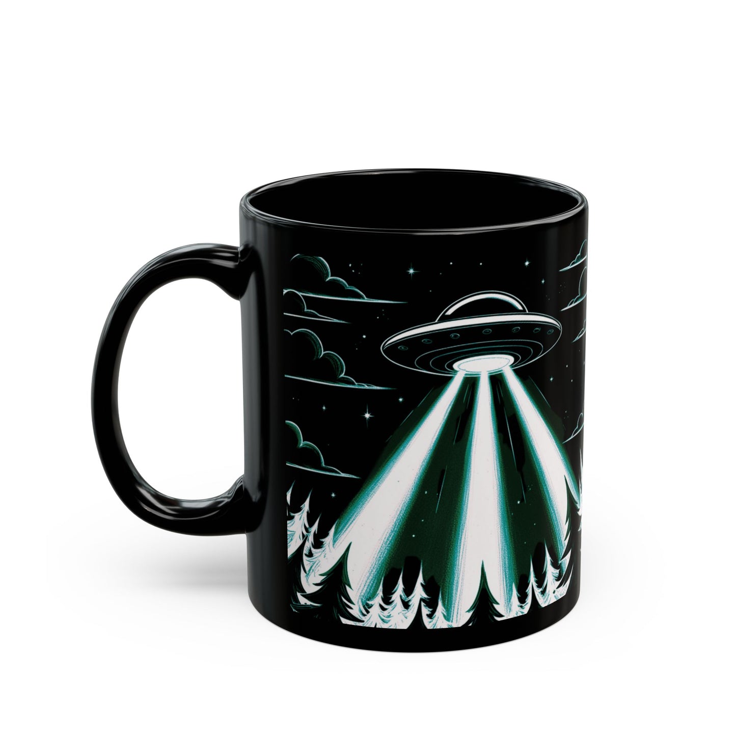 UFO Forest Black Mug - Sci-Fi Coffee Cup for Alien Lovers, Ideal Gift for Birthdays, Holidays, and Collectors, Space Decor, Space Mug, Alien