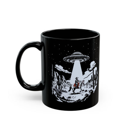 Cosmic Cowboy Black Mug | Alien Abduction Design, Perfect Gift for UFO Fans, Coffee Lovers, Unique UFO Western Mug, Sci-Fi Collectible,