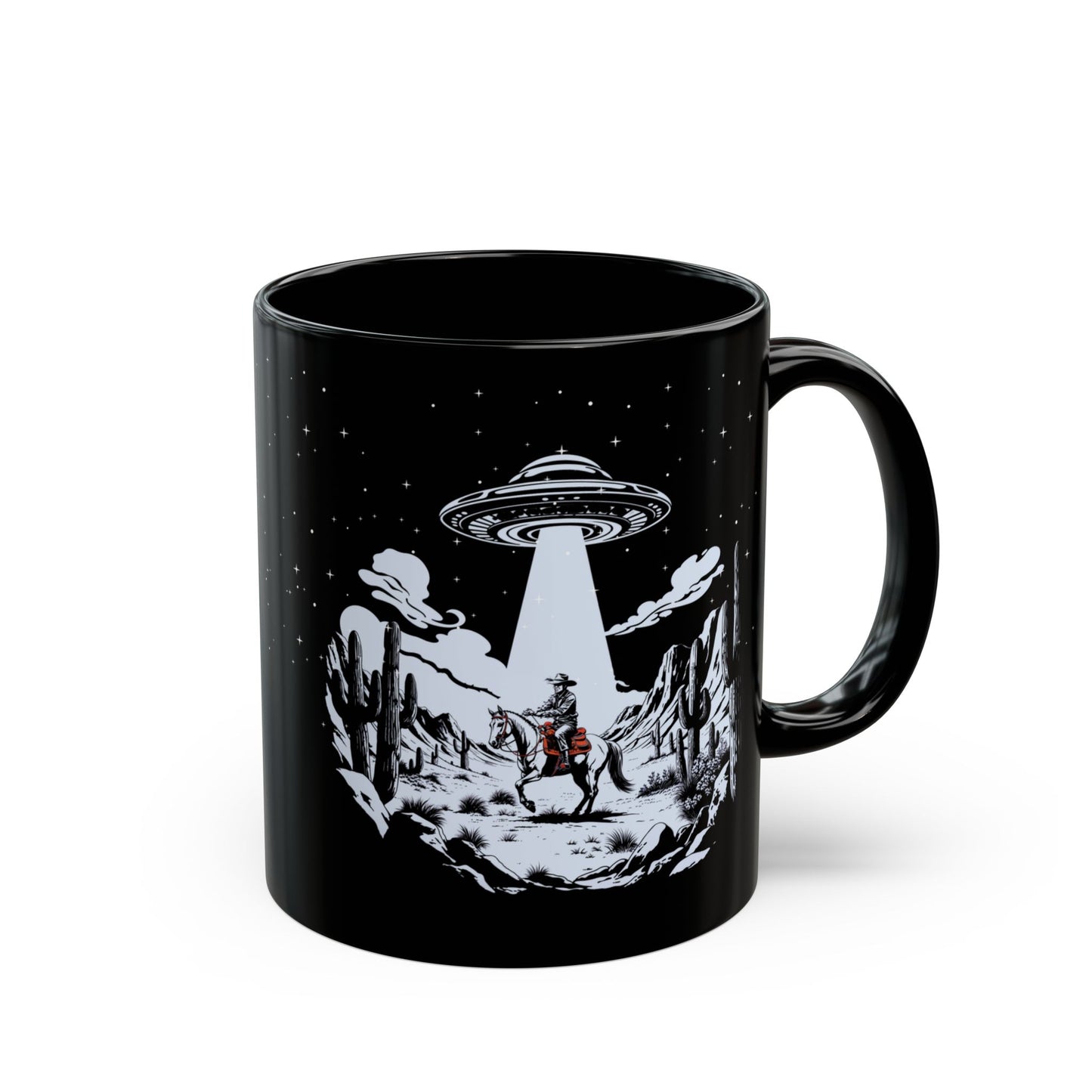 Cosmic Cowboy Black Mug | Alien Abduction Design, Perfect Gift for UFO Fans, Coffee Lovers, Unique UFO Western Mug, Sci-Fi Collectible,