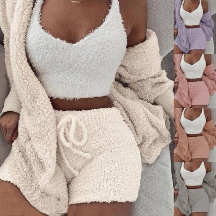 3-Piece Women’s Pajama Set – Long Sleeve Crop Top, Tank, and Drawstring Shorts Loungewear