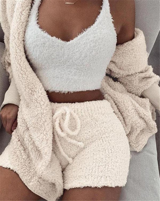 3-Piece Women’s Pajama Set – Long Sleeve Crop Top, Tank, and Drawstring Shorts Loungewear