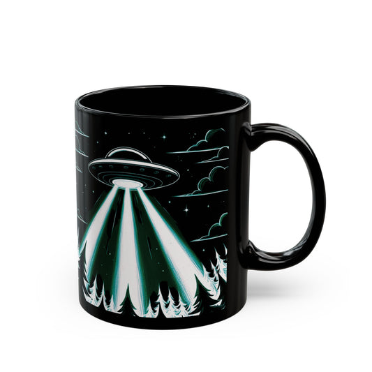 UFO Forest Black Mug - Sci-Fi Coffee Cup for Alien Lovers, Ideal Gift for Birthdays, Holidays, and Collectors, Space Decor, Space Mug, Alien