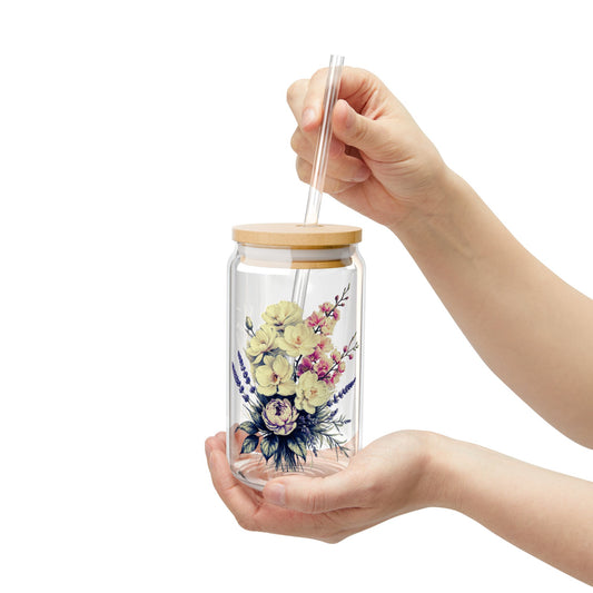 Boho Wildflowers Sipper Glass, 16oz - Floral Iced Coffee Cup, Wildflower Glass Can, Tumbler Cup with Lid & Straw, Nature Mug, Gift