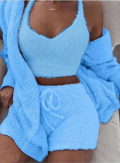 3-Piece Women’s Pajama Set – Long Sleeve Crop Top, Tank, and Drawstring Shorts Loungewear