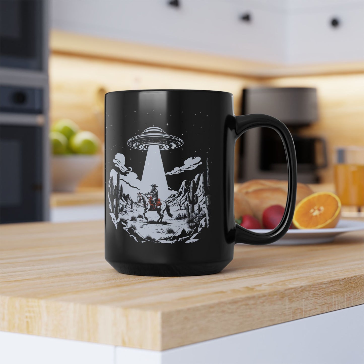 Cosmic Cowboy Black Mug | Alien Abduction Design, Perfect Gift for UFO Fans, Coffee Lovers, Unique UFO Western Mug, Sci-Fi Collectible,