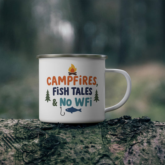 Enamel Mug, Campfire Coffee Cup, Fishing Gift, Camping Accessories, No WiFi Humor, Nature Lover's Mug