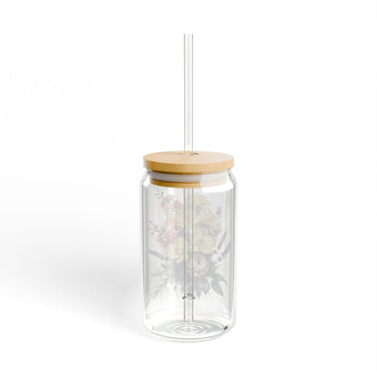 Boho Wildflowers Sipper Glass, 16oz - Floral Iced Coffee Cup, Wildflower Glass Can, Tumbler Cup with Lid & Straw, Nature Mug, Gift