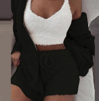 3-Piece Women’s Pajama Set – Long Sleeve Crop Top, Tank, and Drawstring Shorts Loungewear