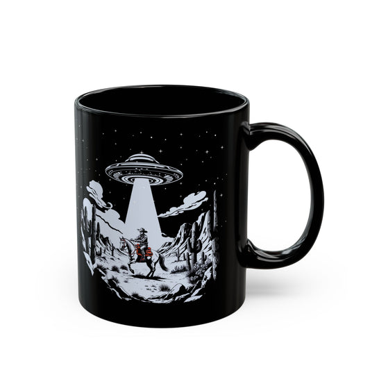 Cosmic Cowboy Black Mug | Alien Abduction Design, Perfect Gift for UFO Fans, Coffee Lovers, Unique UFO Western Mug, Sci-Fi Collectible,