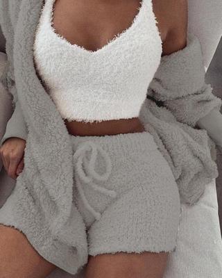 3-Piece Women’s Pajama Set – Long Sleeve Crop Top, Tank, and Drawstring Shorts Loungewear