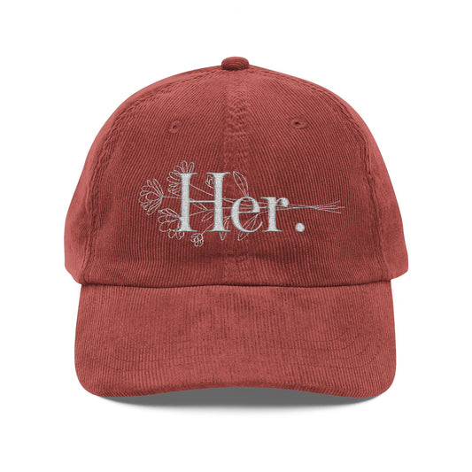 Corduroy Cap, Vintage Embroidered Floral 'Her', Casual Wear, Mother's Day Gift, Mama Gift, Casual Outfit Accessory