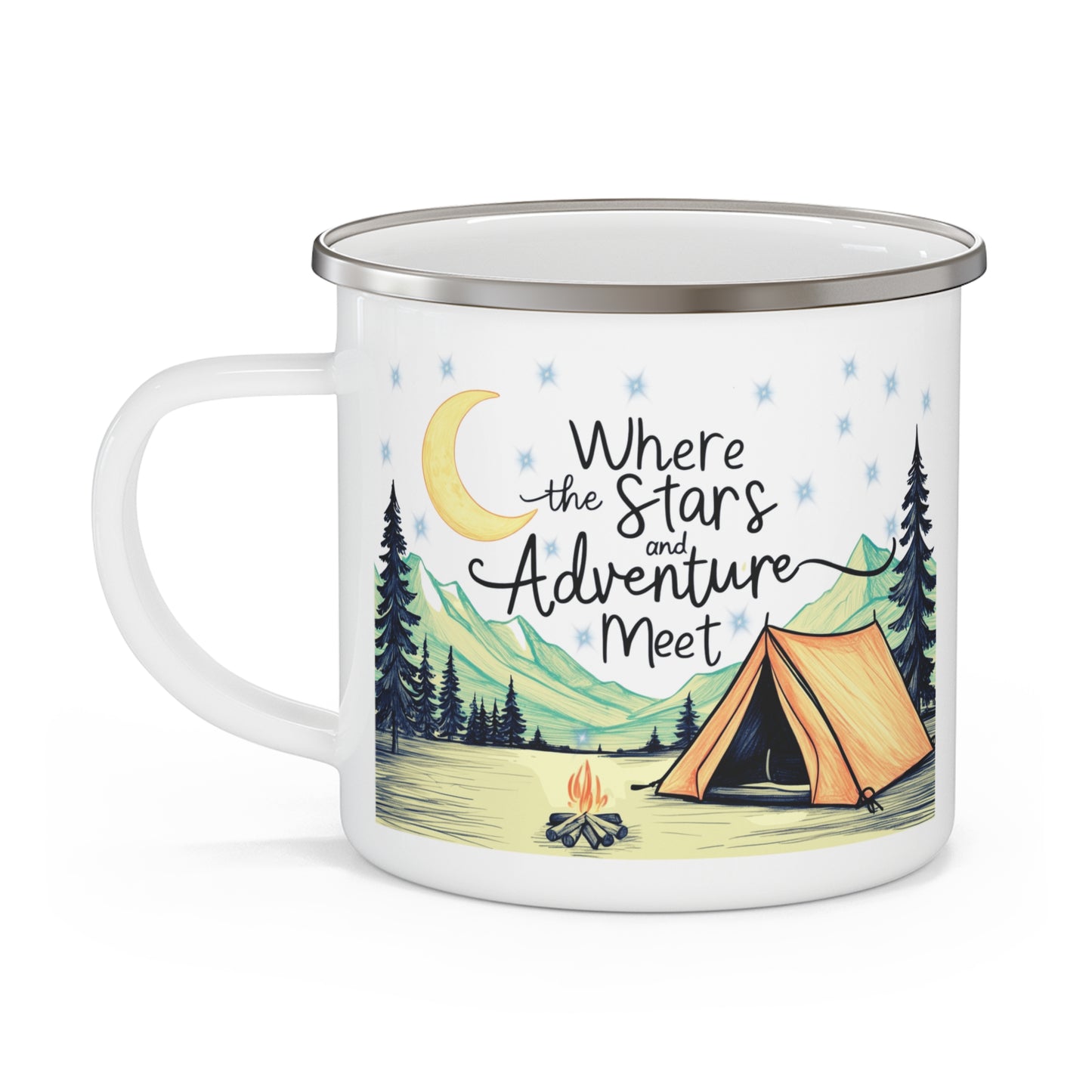 Adventure Camping Enamel Mug - Outdoor Lovers, Hikers, Nature Enthusiasts, Campers Gift, Starry Night Decor, Campfire Coffee Cup