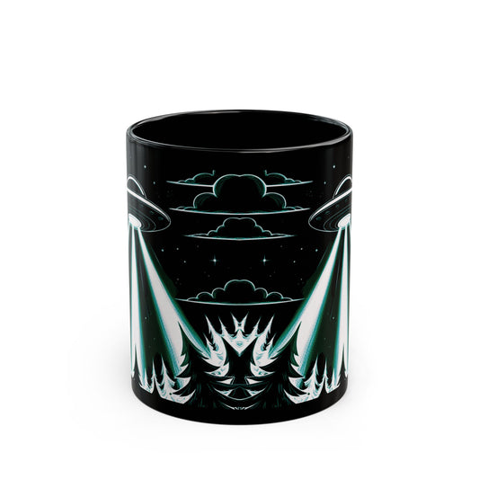 UFO Forest Black Mug - Sci-Fi Coffee Cup for Alien Lovers, Ideal Gift for Birthdays, Holidays, and Collectors, Space Decor, Space Mug, Alien