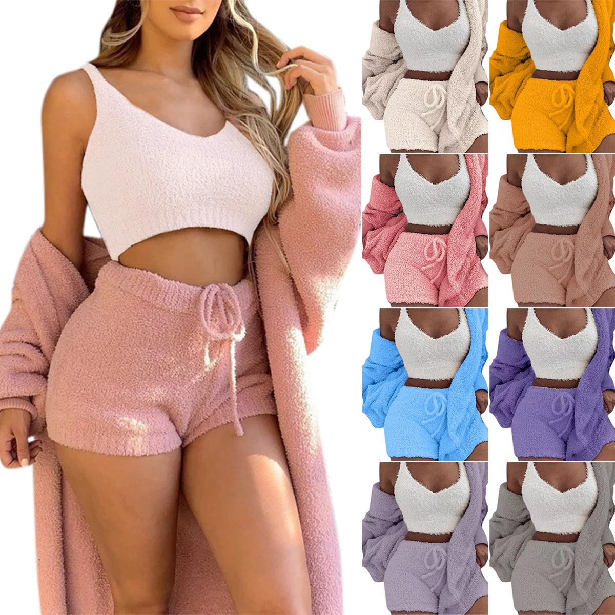 3-Piece Women’s Pajama Set – Long Sleeve Crop Top, Tank, and Drawstring Shorts Loungewear